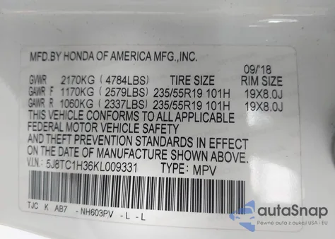 2019 Acura Rdx Standard from USA, damaged, VIN 5J8TC1H36KL009331